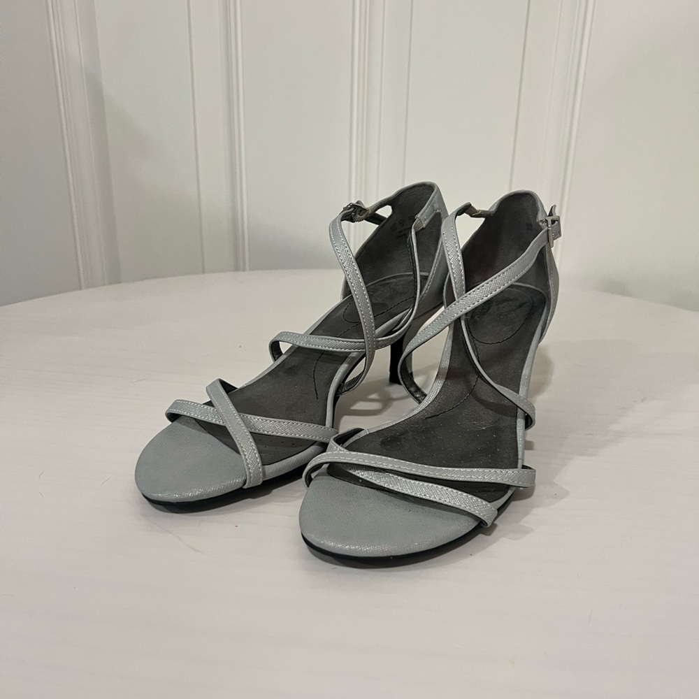 Elegant Silver Strappy Kitten Heels